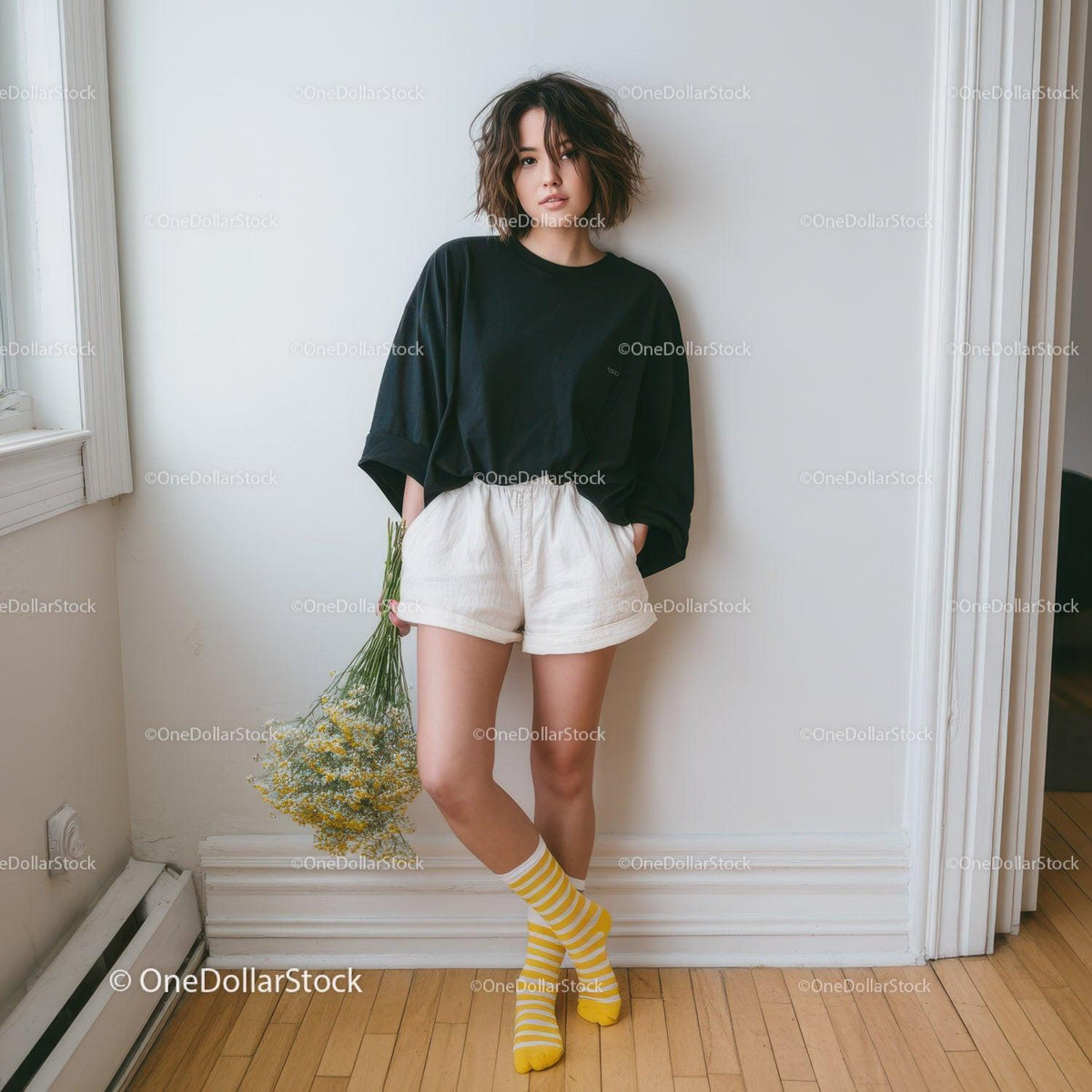 Young Woman in Black T-Shirt and White Shorts Holding Daisy Flowers