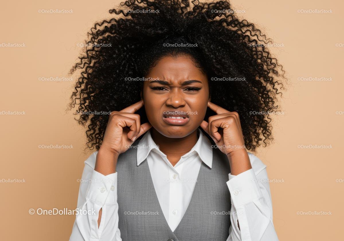 Frustrated Woman Covers Ears Against Noise in Business Attire Stock Photo Bundle preview 5