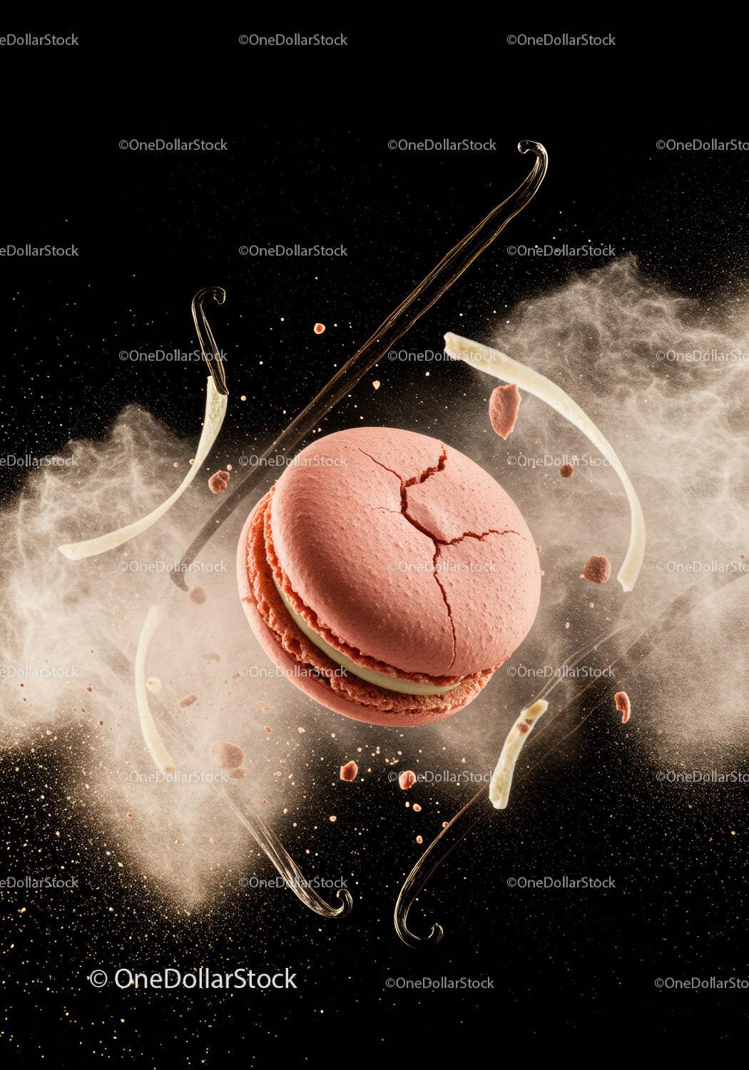 Pink macaron with vanilla pods and powdered sugar splash