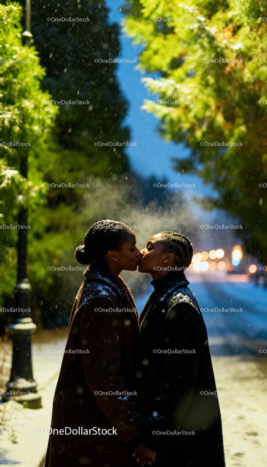 Couple Sharing Tender Kiss on Snowy Winter Evening