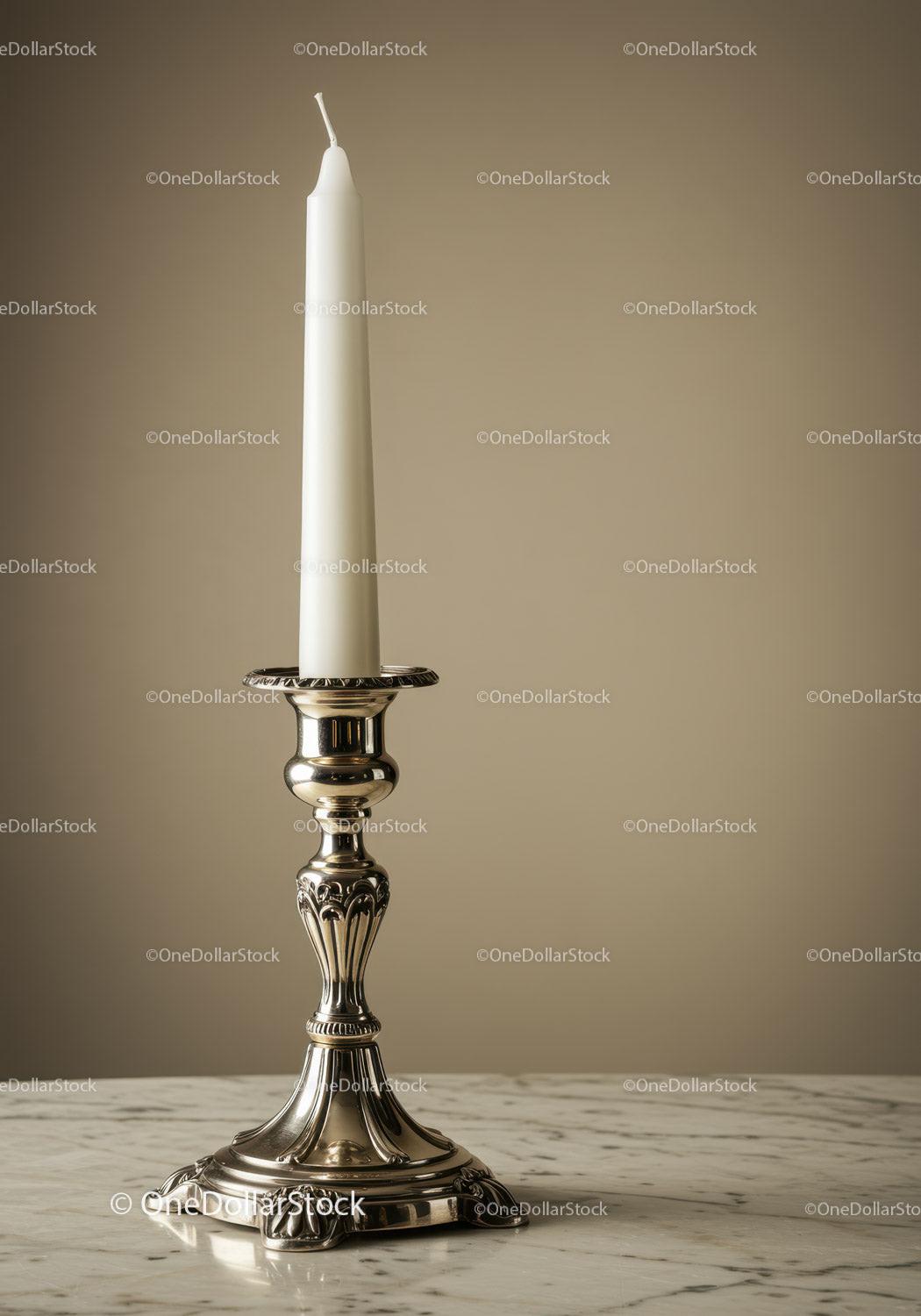 Silver candlestick with white candle on marble table in elegant home setting
