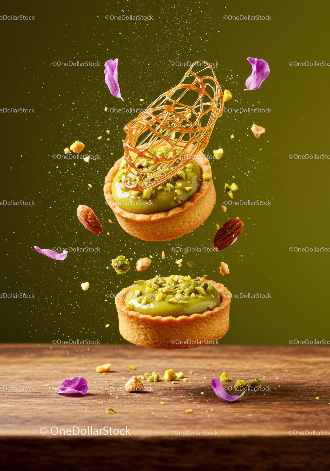 Pistachio tarts with caramel decoration and floral petals