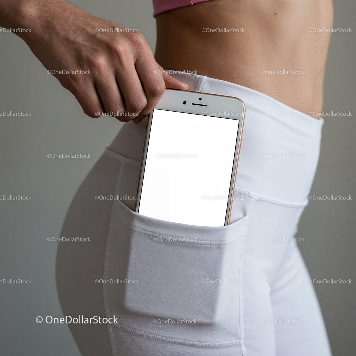Woman Putting Smartphone Into Pocket of White Leggings JPG Mockup Image preview