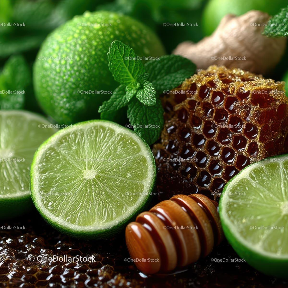 Fresh Limes, Mint Leaves and Honeycomb for Delicious Recipes Stock Photo Bundle creative preview 4