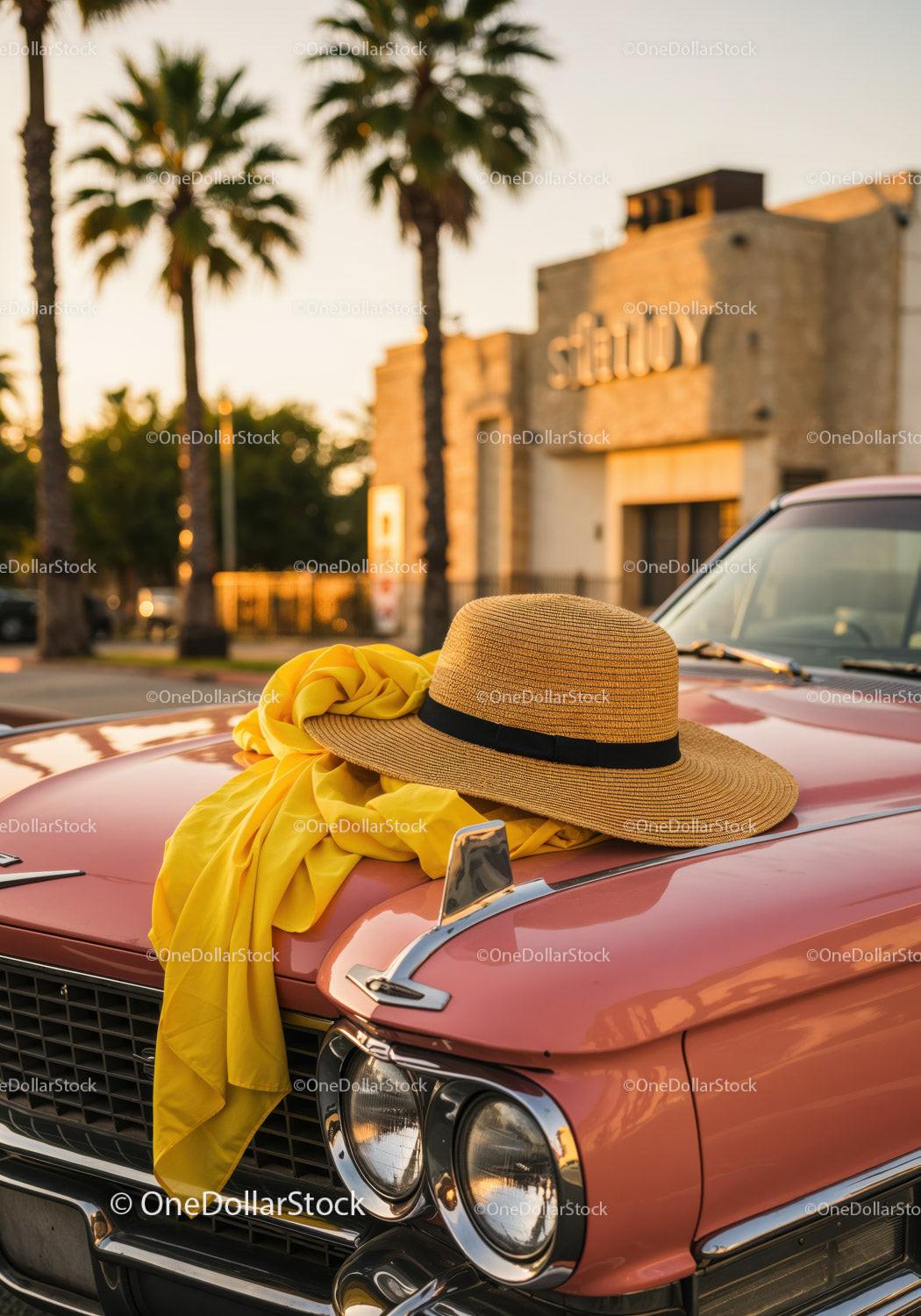 Vintage Pink Car with Straw Hat and Yellow Scarf on Hood
