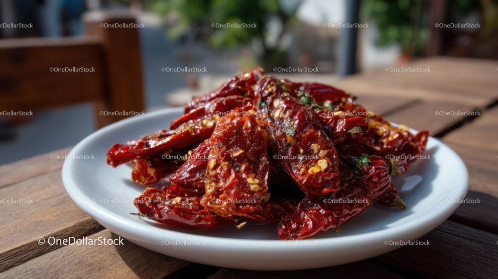 Dried Red Chili Peppers on White Plate in Rustic Setting