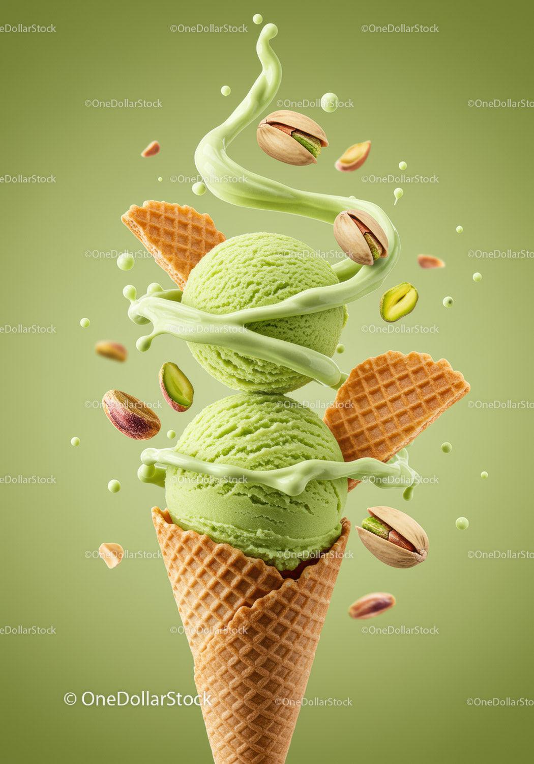 Green pistachio ice cream scoops in waffle cone with nuts