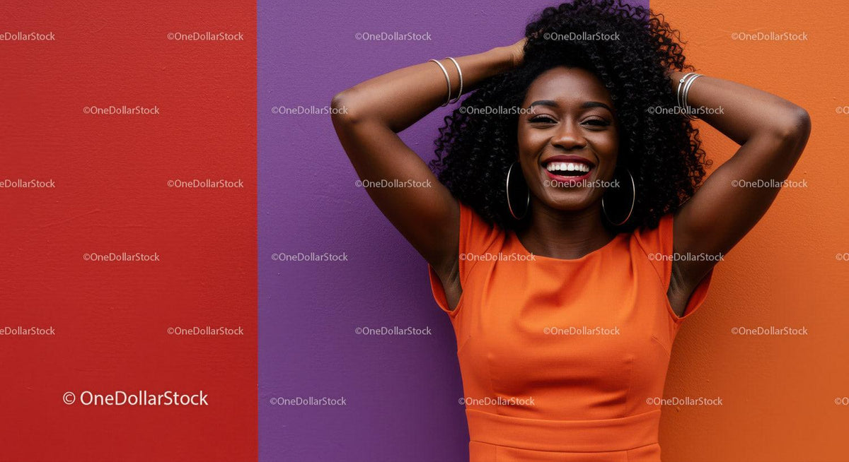 Vibrant Portrait of a Smiling Woman in Orange Dress Against Colorful Wall