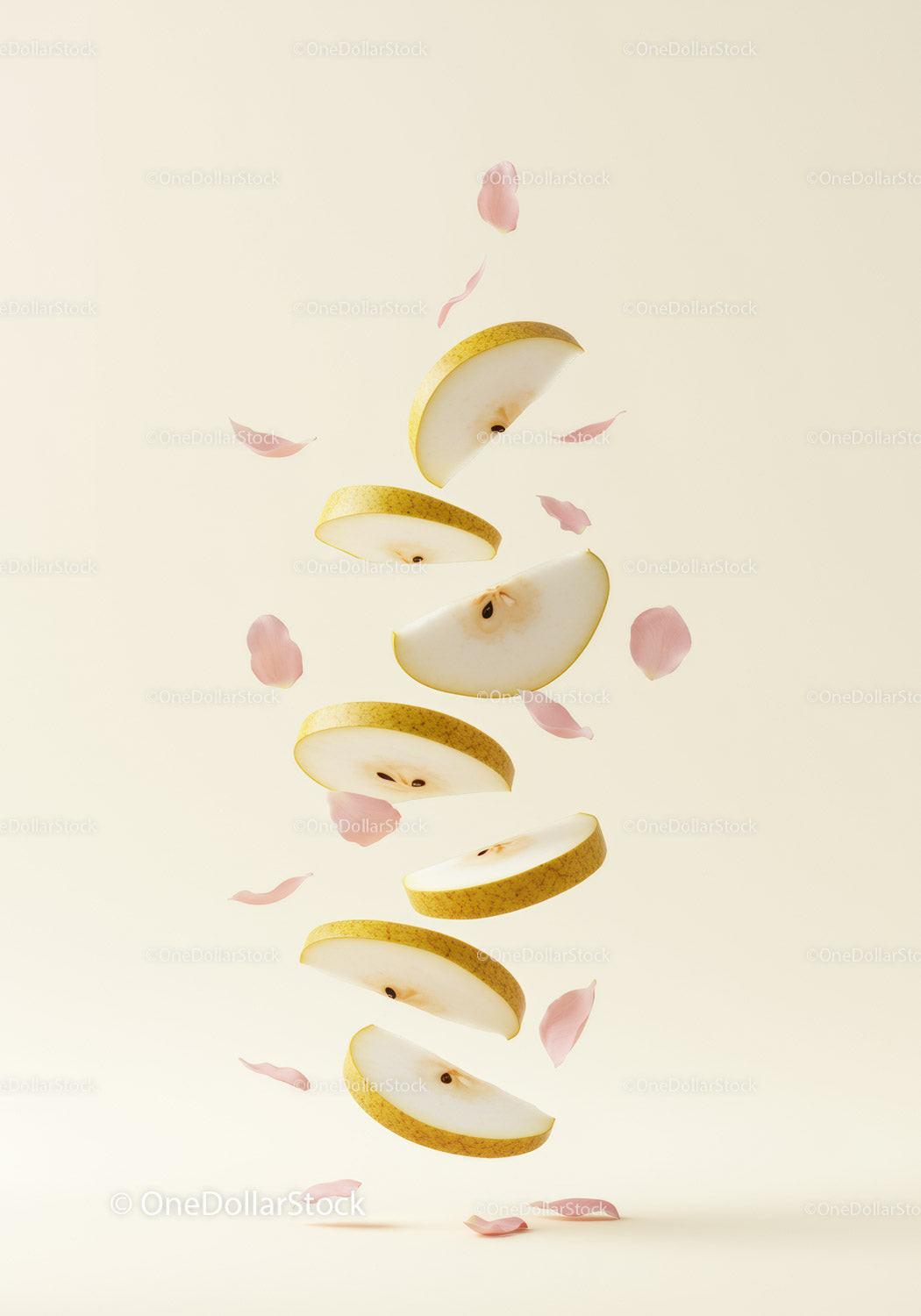 Floating Pear Slices with Soft Pink Flower Petals