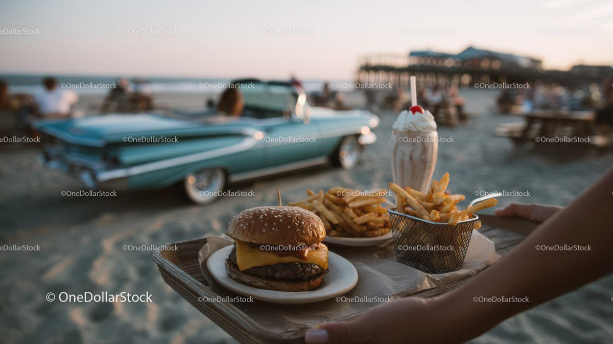 Beachside Cheeseburger French Fries and Milkshake with Classic Car Stock Photo Bundle preview 26
