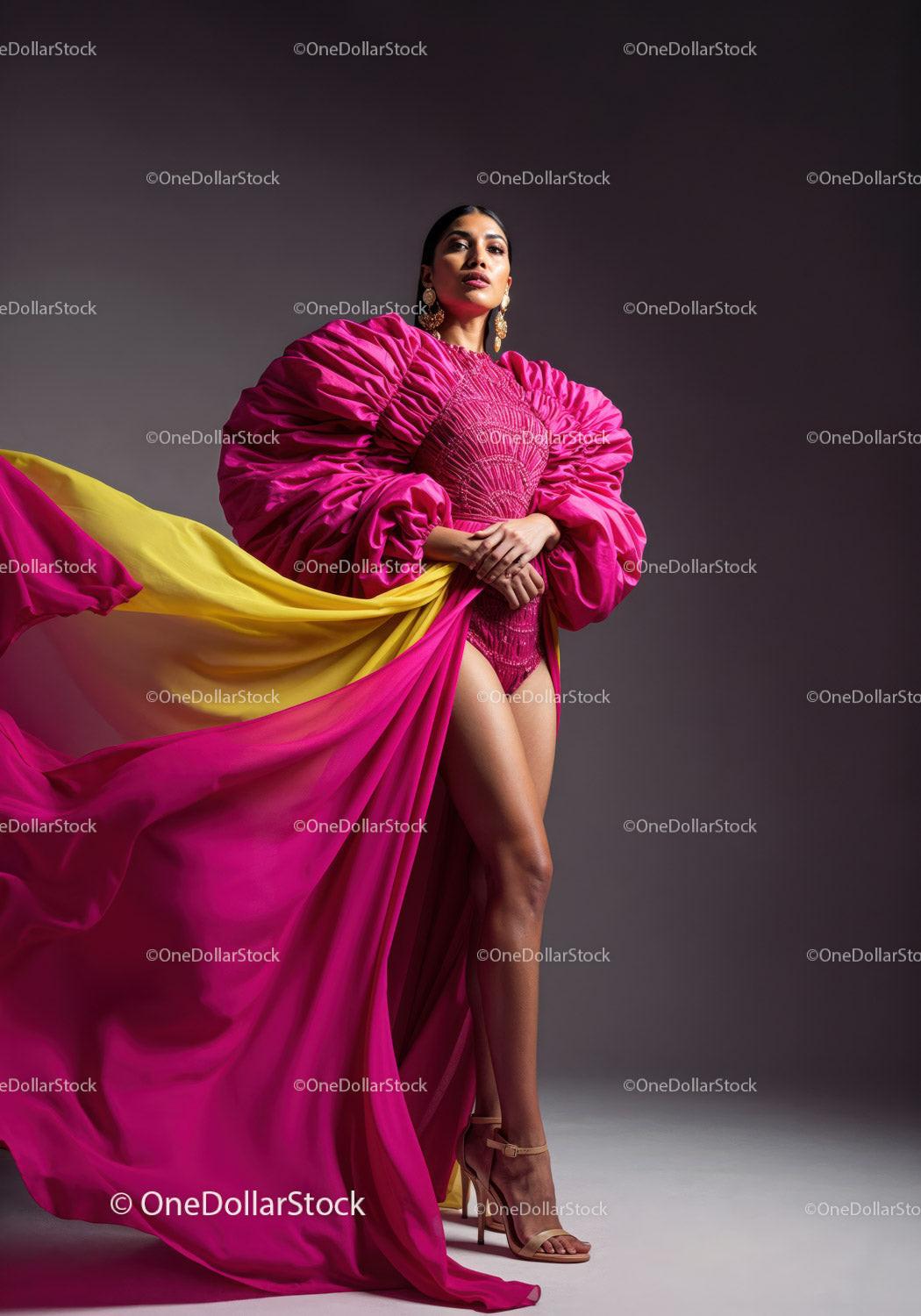 Fashion Model in Vibrant Pink and Yellow Flowing Gown Stock Photo Bundle preview