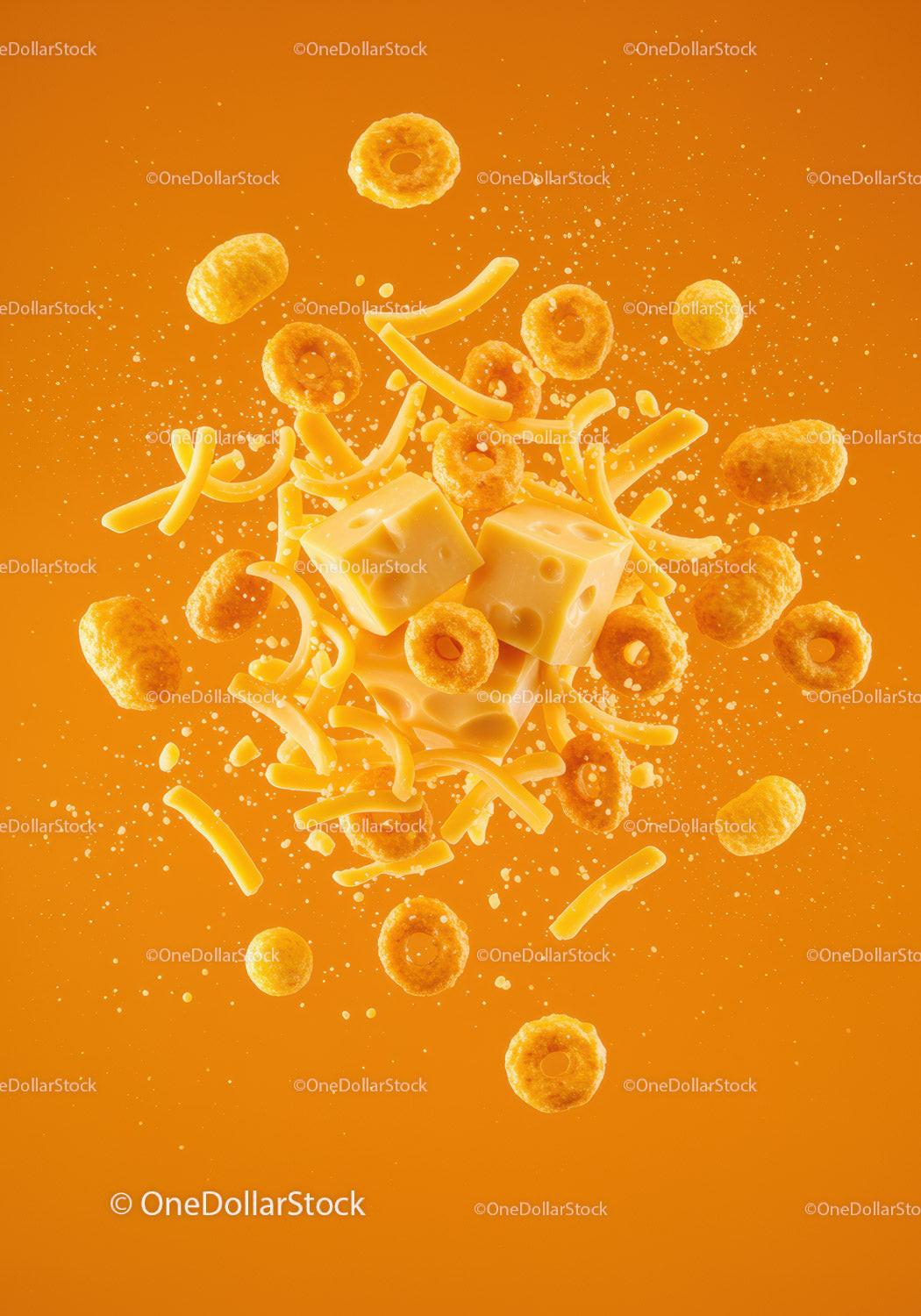 Cheese cubes and crunchy snacks floating on orange background