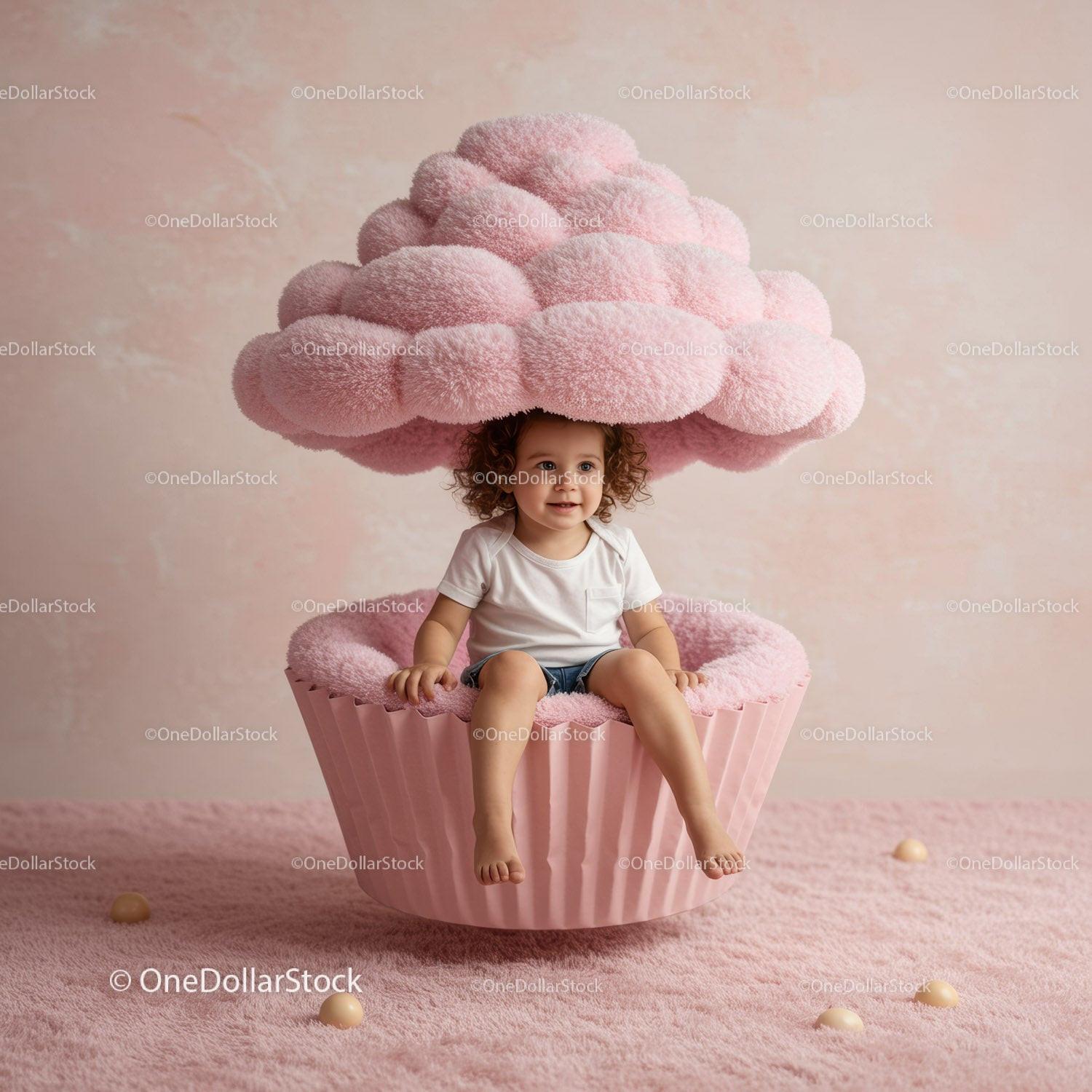 Toddler Sitting in Giant Pink Cupcake Seat