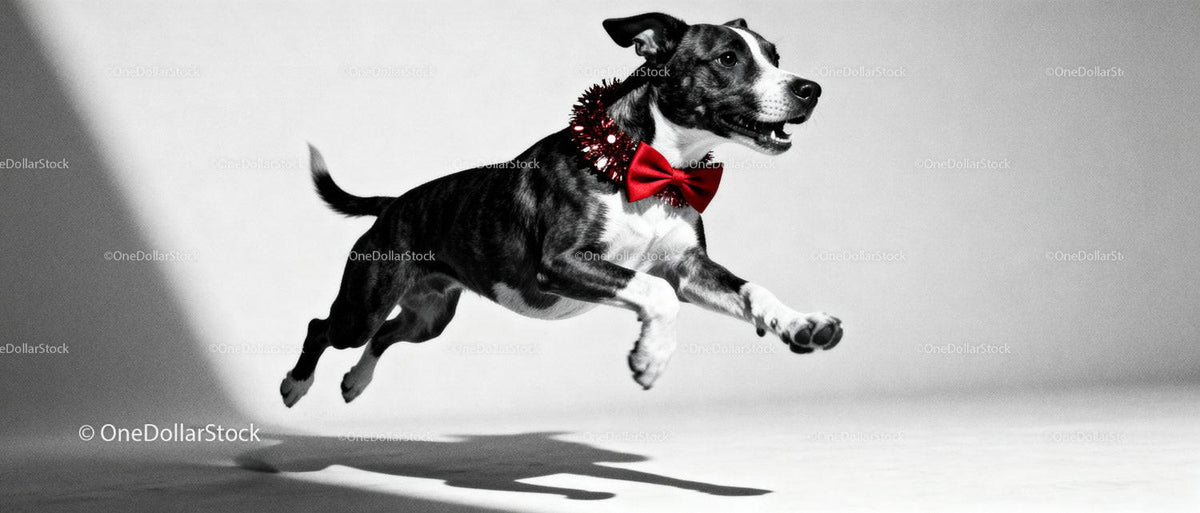 Energetic dog leaping with festive red bow tie