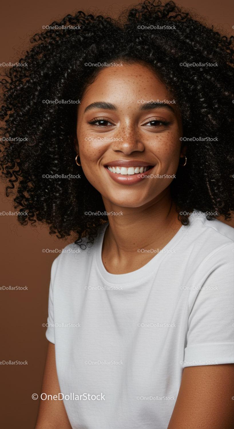 Close-Up of Smiling Woman with Curly Hair and Radiant Skin