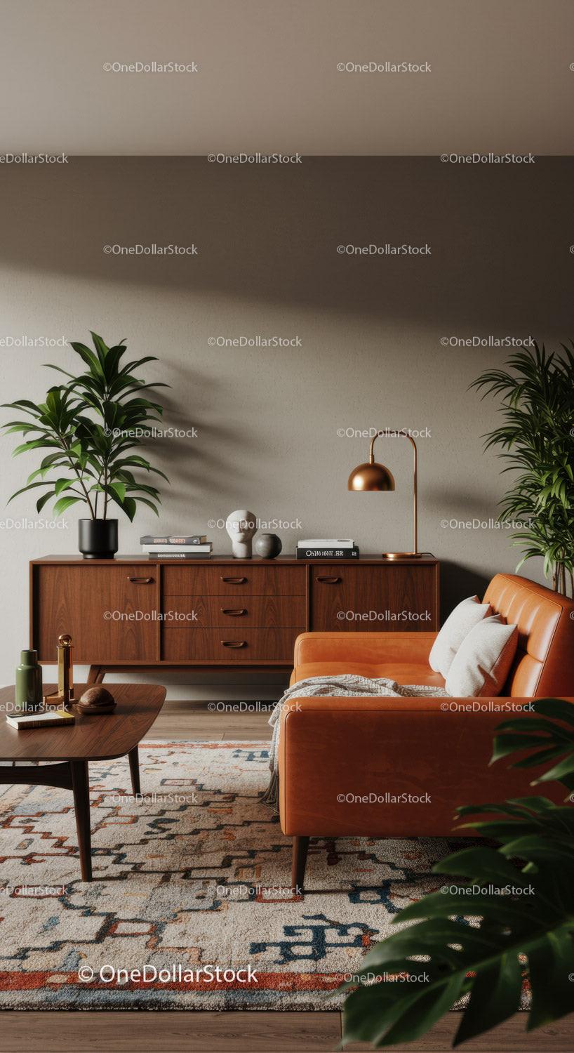 Cozy midcentury living room with leather sofa and plants