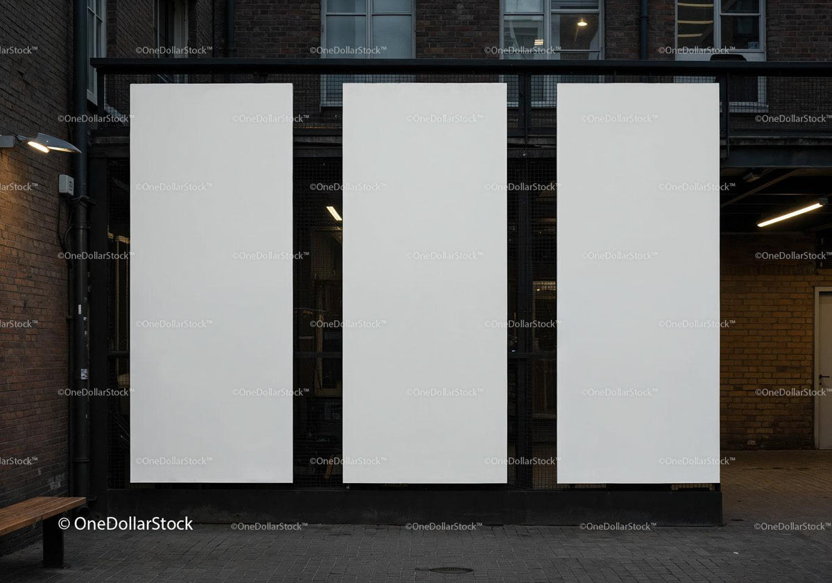 Three Blank Vertical Banners on Urban Building Wall JPG Mockup Image preview