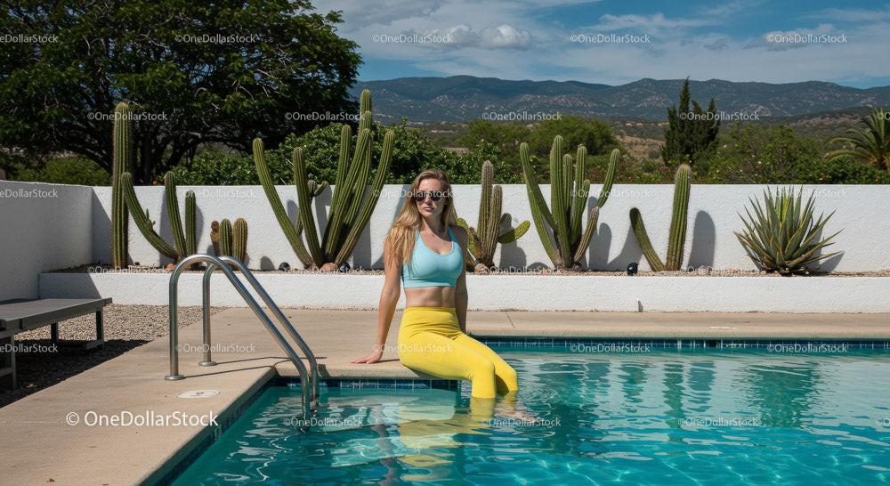 Trendy Young Woman Relaxing by the Vibrant Swimming Pool Stock Photo Bundle preview 8