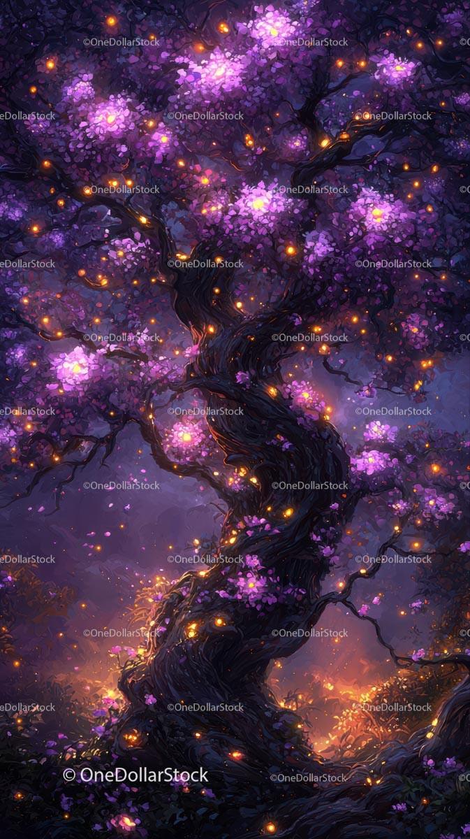 Magical Illuminated Tree with Purple Blossoms in Fantasy Forest