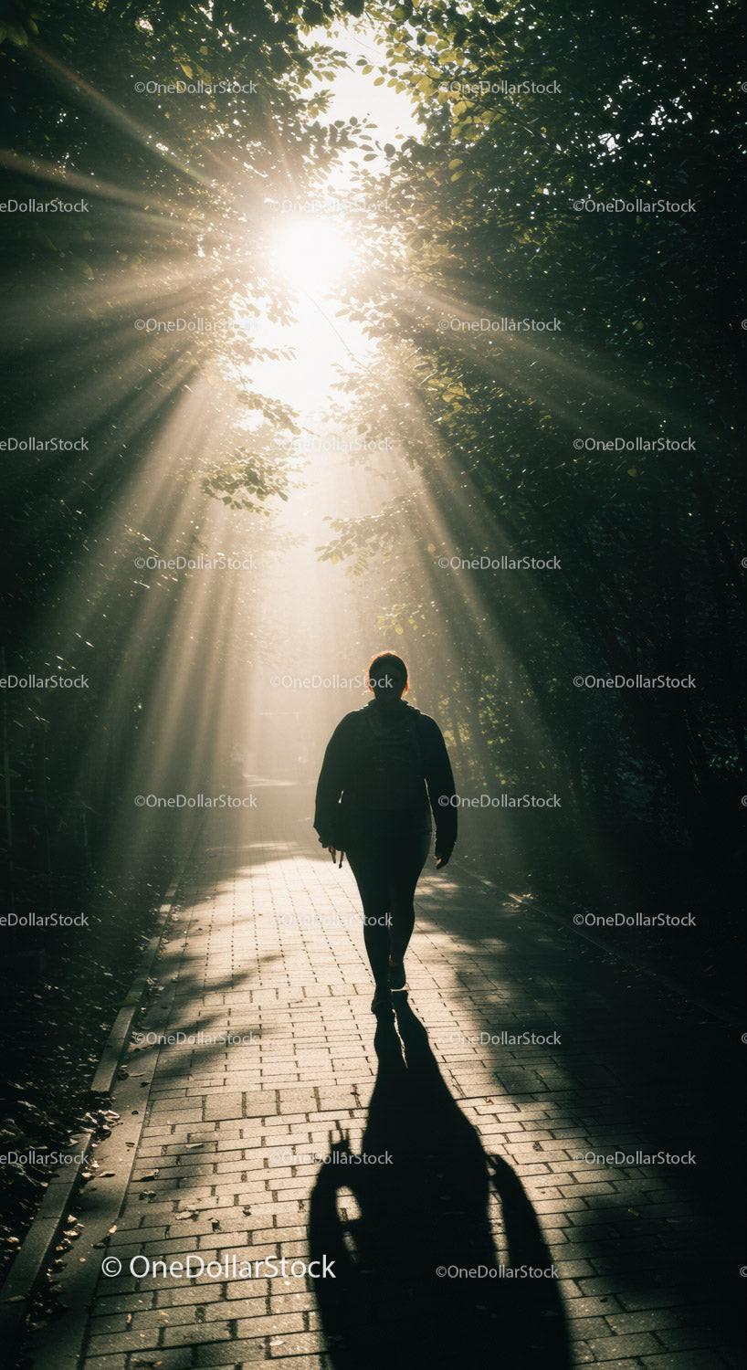 Person walking through sunlit forest pathway