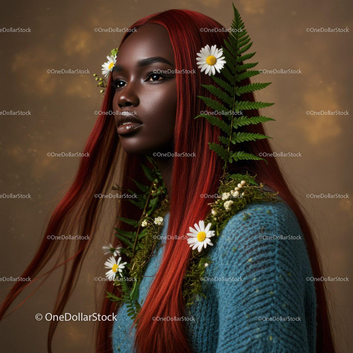 Elegant Portrait of a Woman with Flowing Red Hair and Botanical Accessories Stock Photo Bundle preview 35