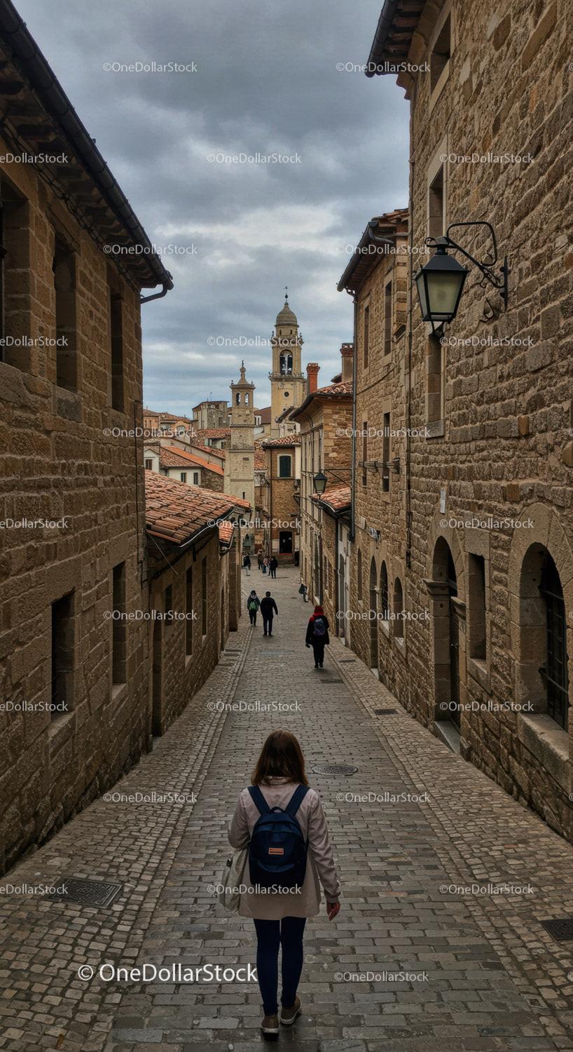 Scenic Urban View of Historic Cobblestone Street in European Town