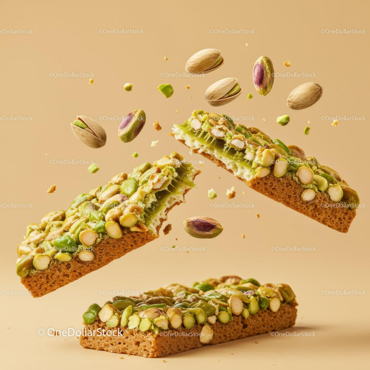 Pistachio Nut Bars with Crumbs Floating in Air