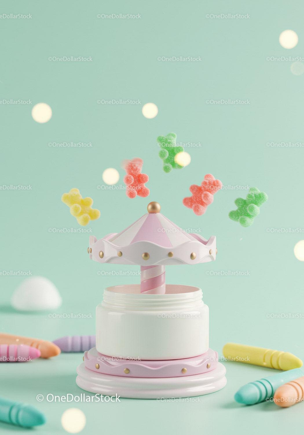 Whimsical carousel container with colorful gummy bears JPG Mockup Image preview