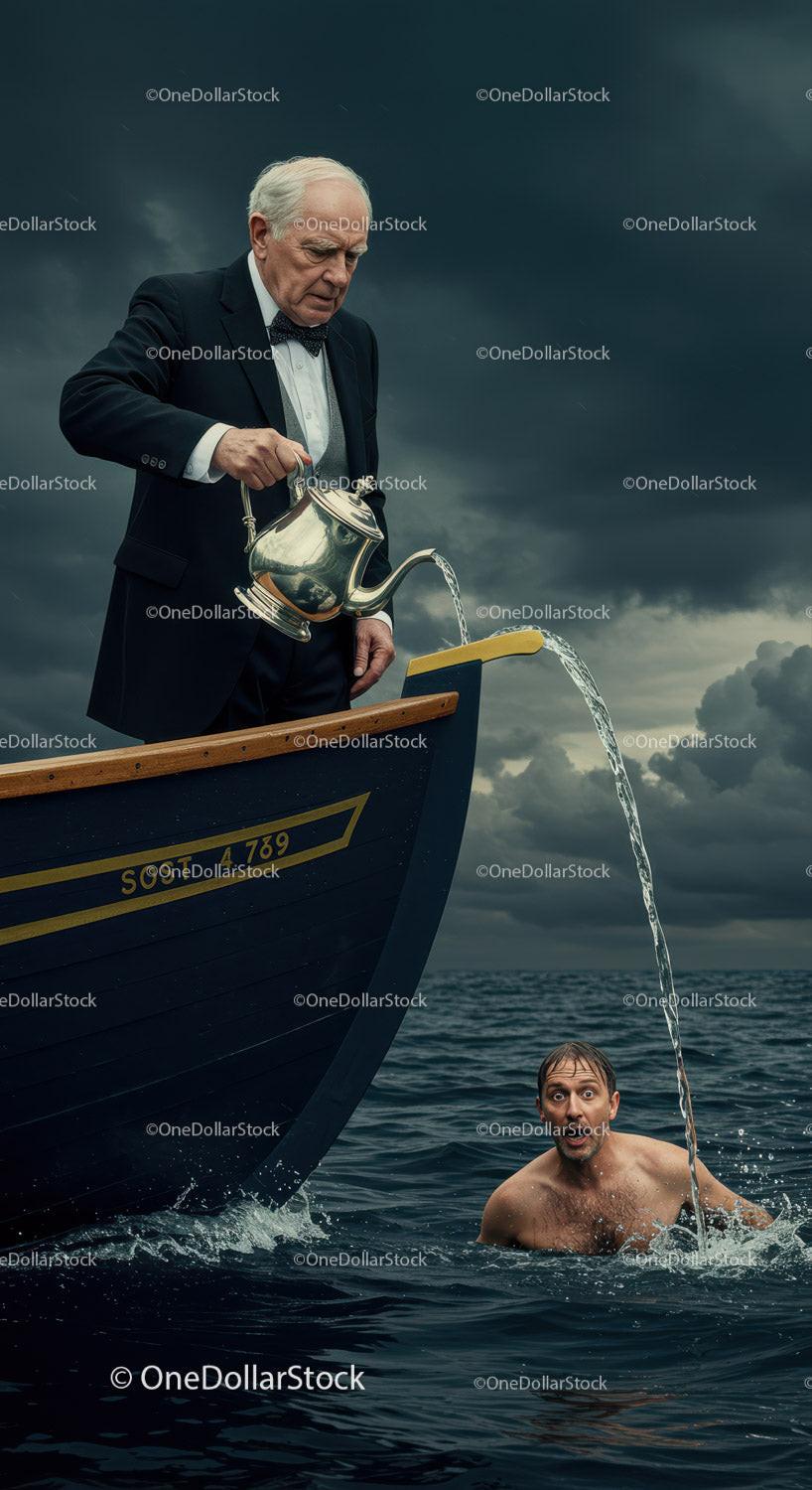 Elderly Man in Tuxedo Pouring Water Into a Boat Surreal Scene