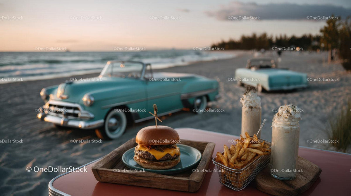 Beachside Cheeseburger French Fries and Milkshake with Classic Car Stock Photo Bundle preview 49