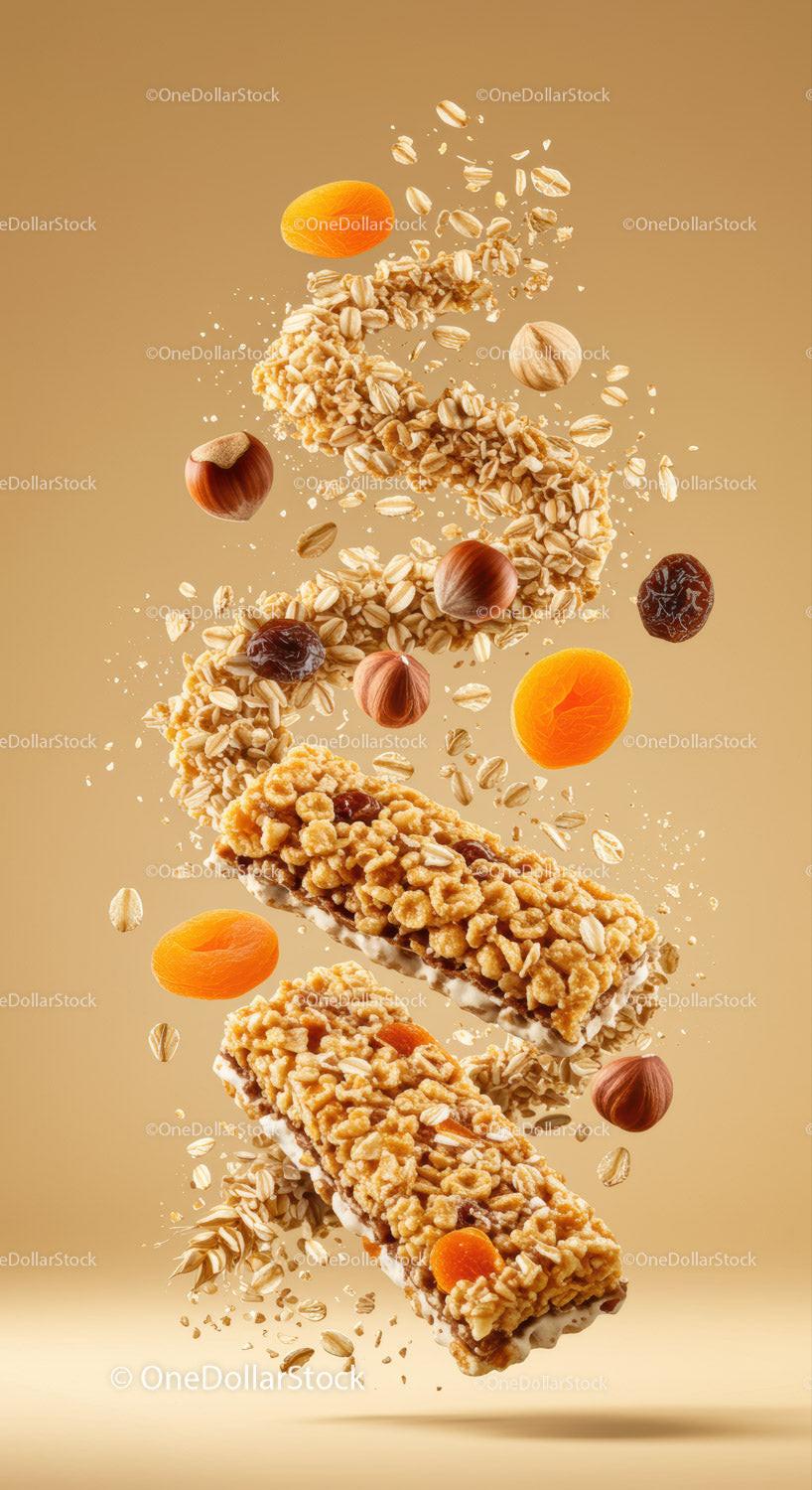 Granola Bars with Nuts and Dried Fruits in Motion