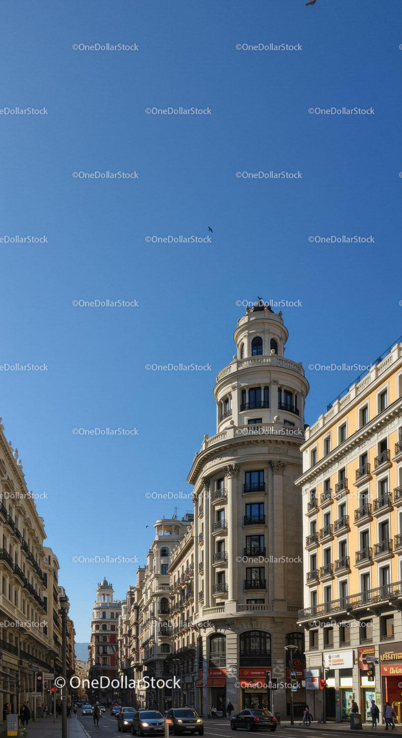 European Cityscape with Colonial Style Building and Blue Sky