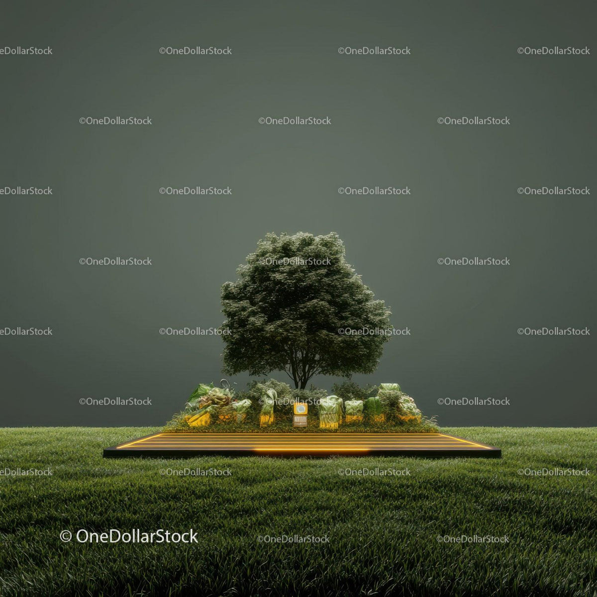 Large leafy tree with metallic abstract rocks on glowing platform in green grass
