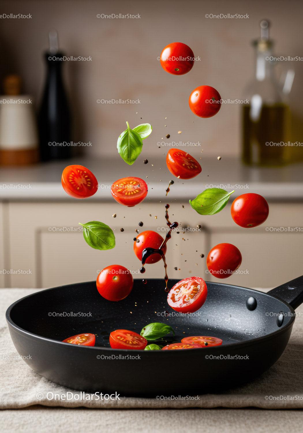 Fresh cherry tomatoes and basil leaves falling into pan