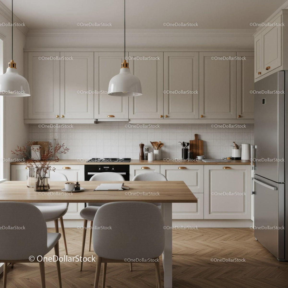 Modern White Kitchen with Wooden Dining Table and Stainless Steel Refrigerator
