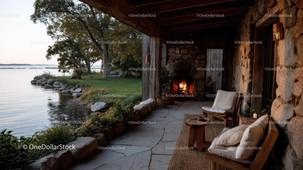 Cozy Riverside Cabin With Fireplace Overlooking Mountain Landscape Stock Photo Bundle preview 21