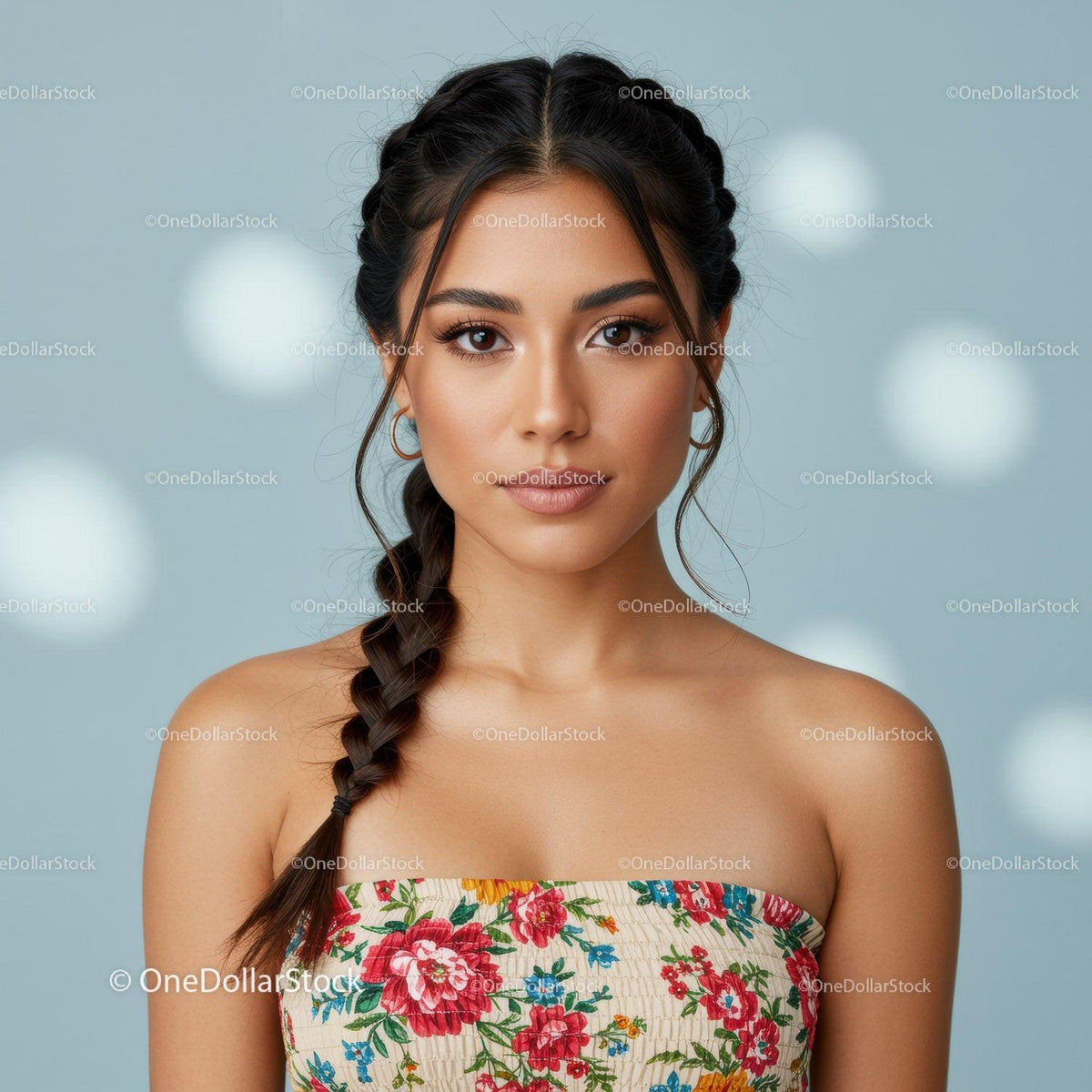Portrait of Elegant Woman with Floral Dress and Long Braid
