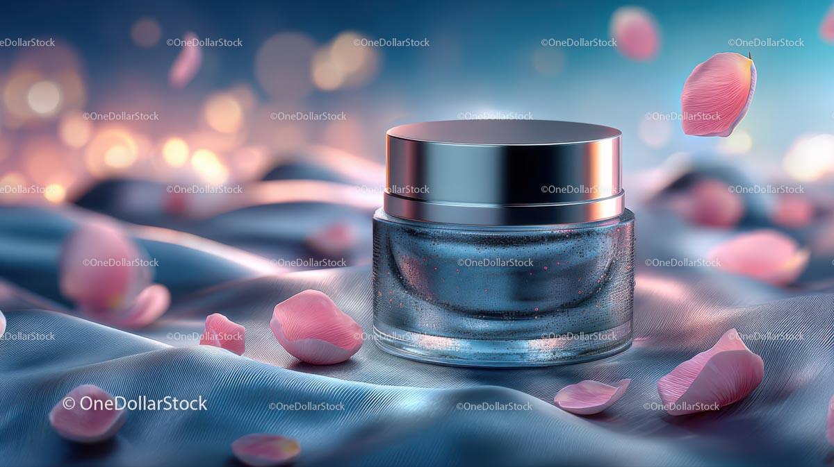 JPG mockup image for Elegant Glass Jar of Skincare with Pink Petals on Soft Fabric