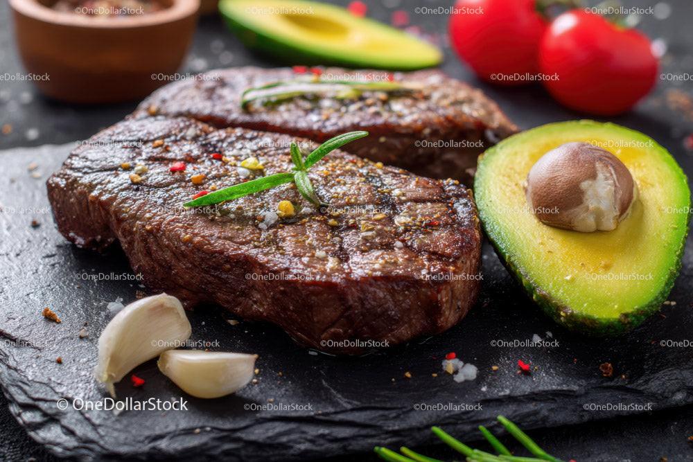 Juicy Grilled Steak with Fresh Avocado and Garlic on Rustic Board Stock Photo Bundle preview 32