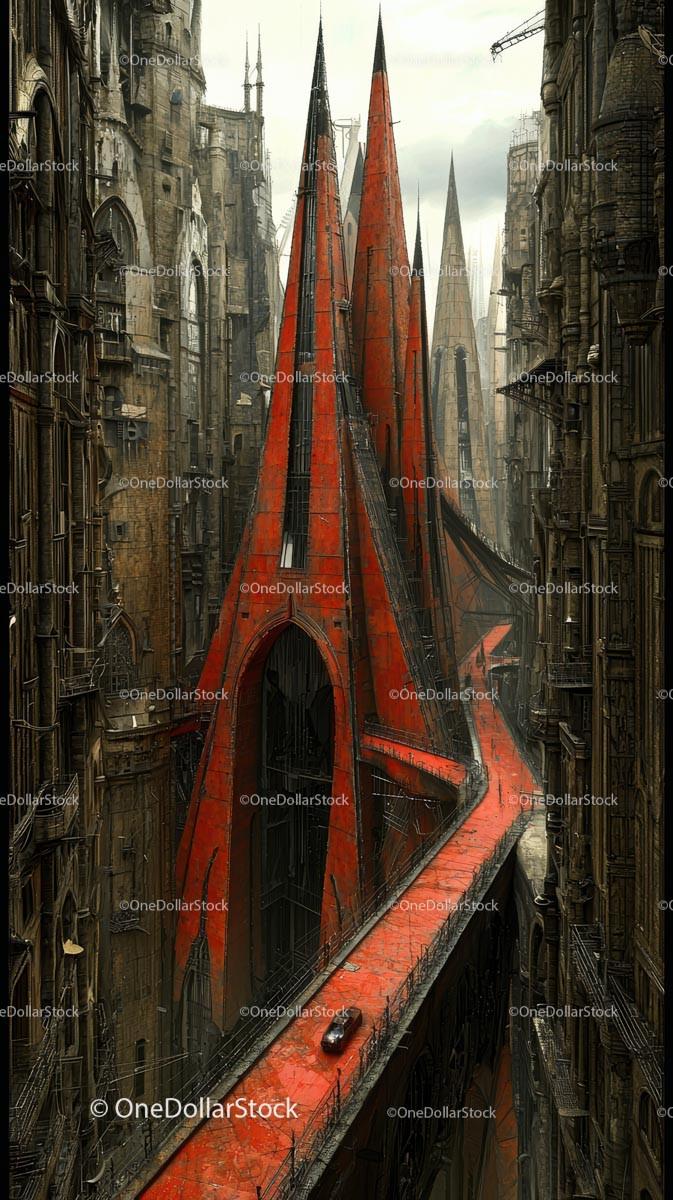 Futuristic Dystopian Cityscape with Towering Skyscrapers and Gothic Elements