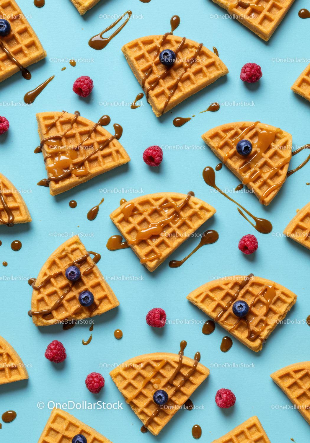 Waffle quarters with berries and caramel drizzle