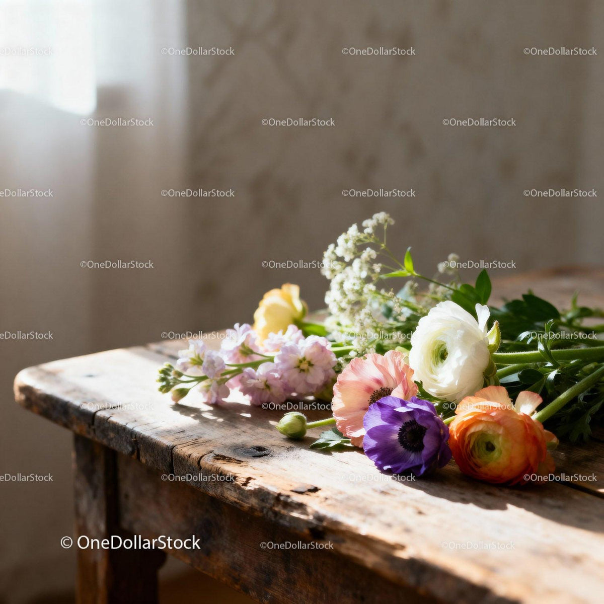 Assorted Fresh Flowers Laid on Rustic Wooden Table