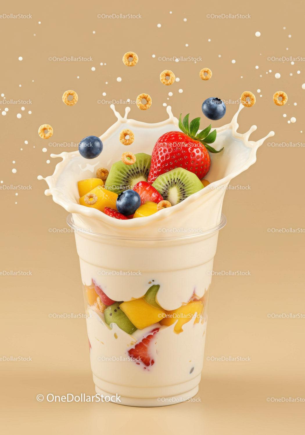 Fresh fruit and cereal splashing into creamy yogurt
