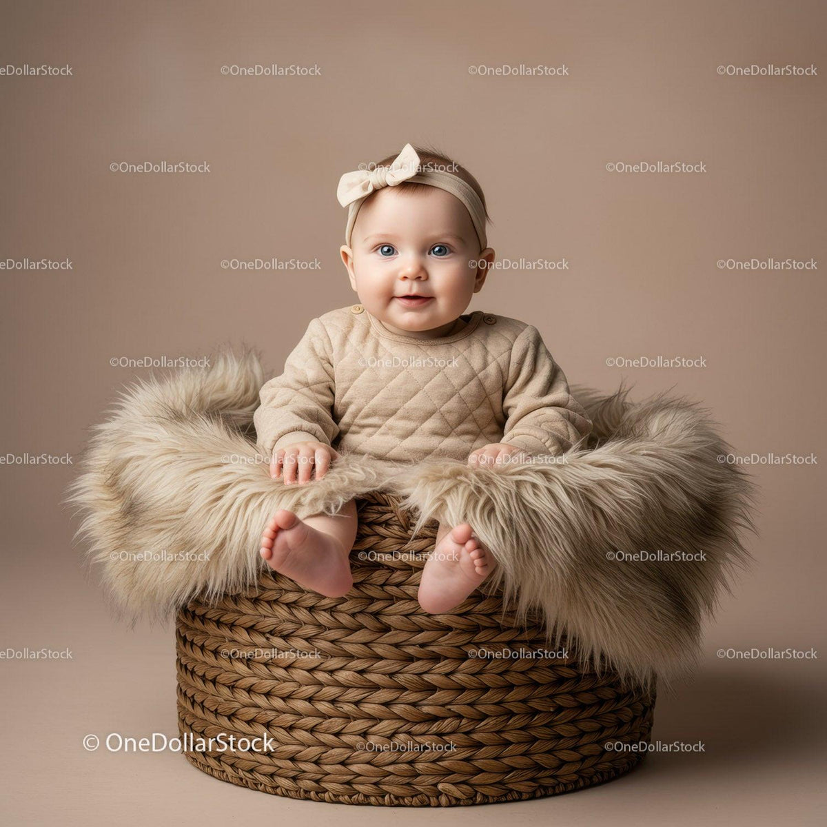 Smiling baby girl sitting in cozy woven basket