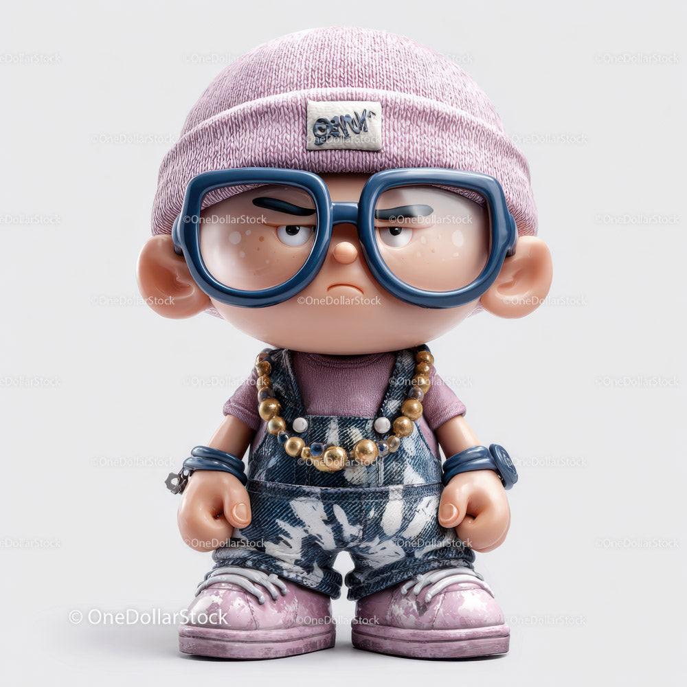 Cartoon figure with purple beanie, blue glasses, denim overalls, and pink shoes