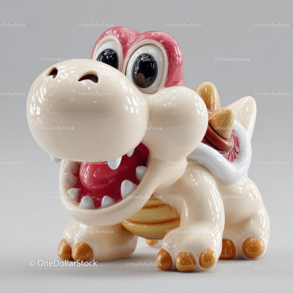 Glossy ceramic cartoon dinosaur figurine with large eyes and open mouth