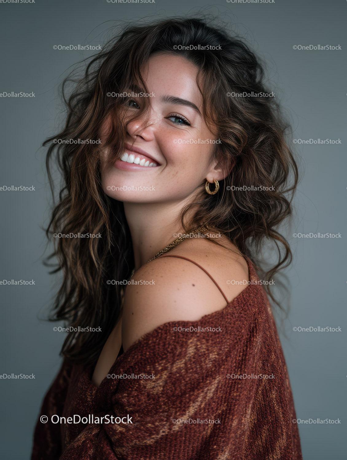 Charming Woman with Curly Hair Smiling in Studio Portrait