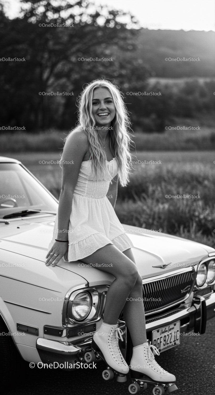 Smiling woman in white dress with roller skates on vintage car
