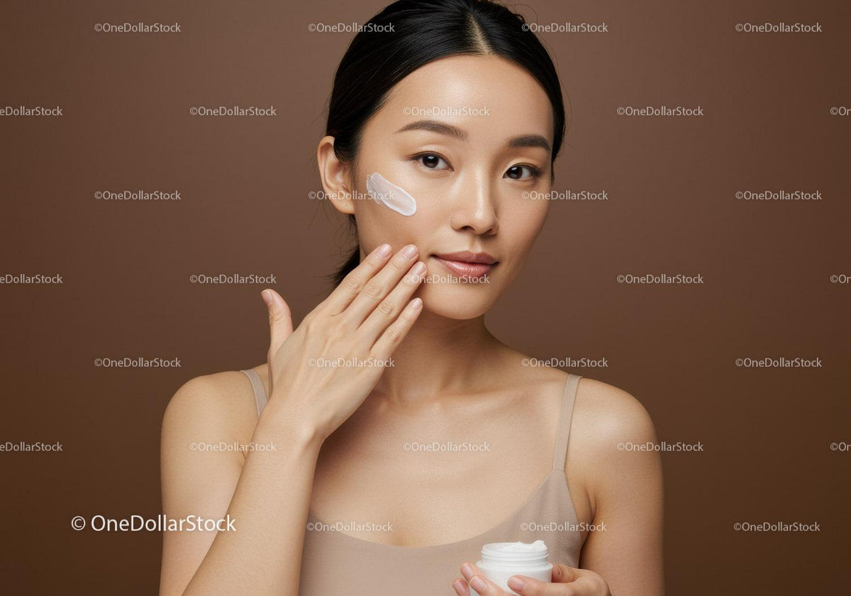 Young Woman Applying Skincare Cream with Calm Facial Expression