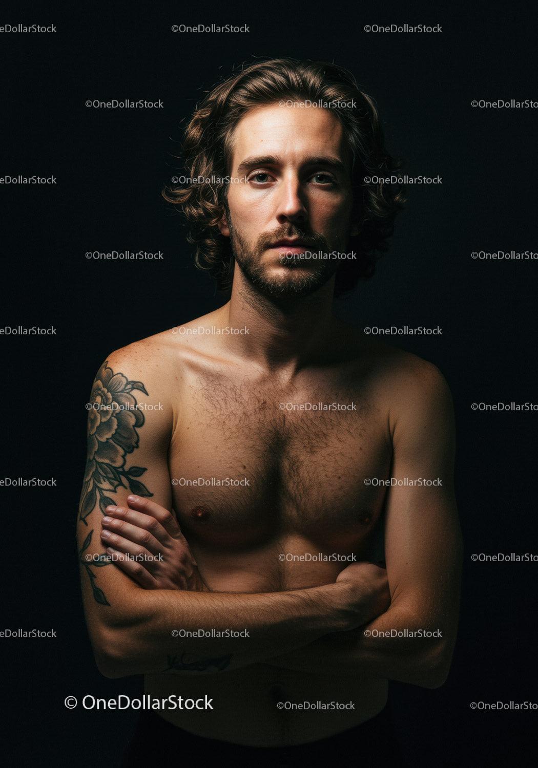 Thoughtful shirtless man with tattoo on black background